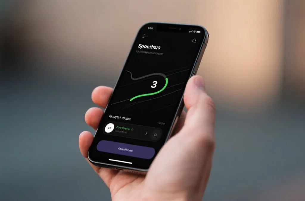 A premium smartphone showcasing a dark-themed sports tracking mobile application, held in hand, soft blurred background