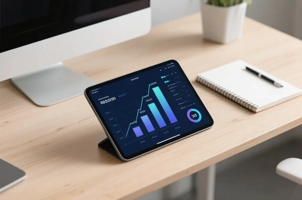 A sleek digital dashboard on a tablet screen showing abstract growth charts and milestone achievements, placed on a clean wooden desk with a notebook, modern workspace, professional corporate style
