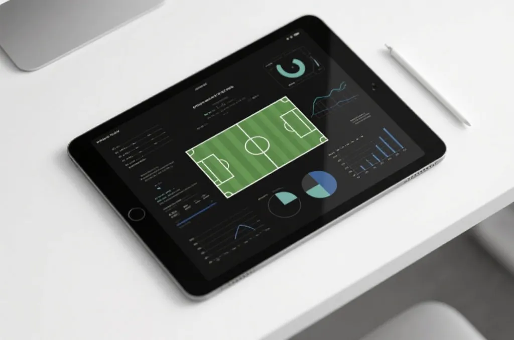 A minimalist digital workspace showing a tablet with generic sports field diagrams and charts, clean and modern layout